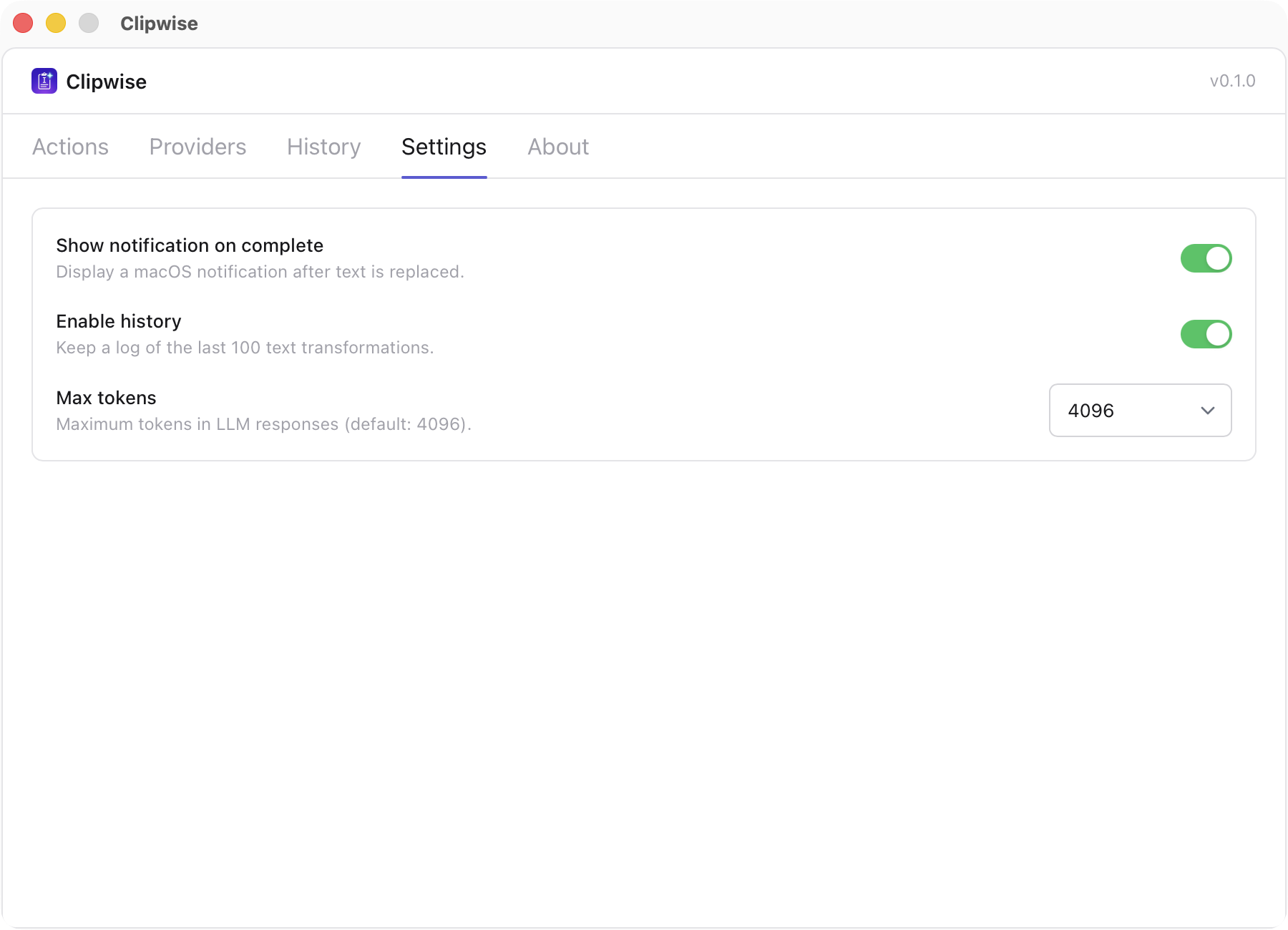 Clipwise settings with notifications and history toggles