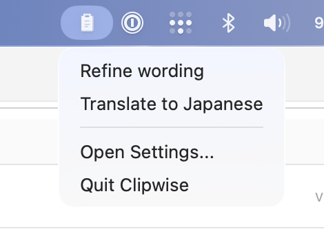 Clipwise menu bar dropdown showing available actions